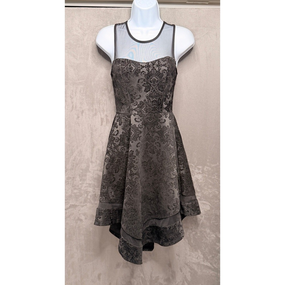Francesca's Fit & Flare Dress Womens Small Black Damask Mesh High Low Brocade
